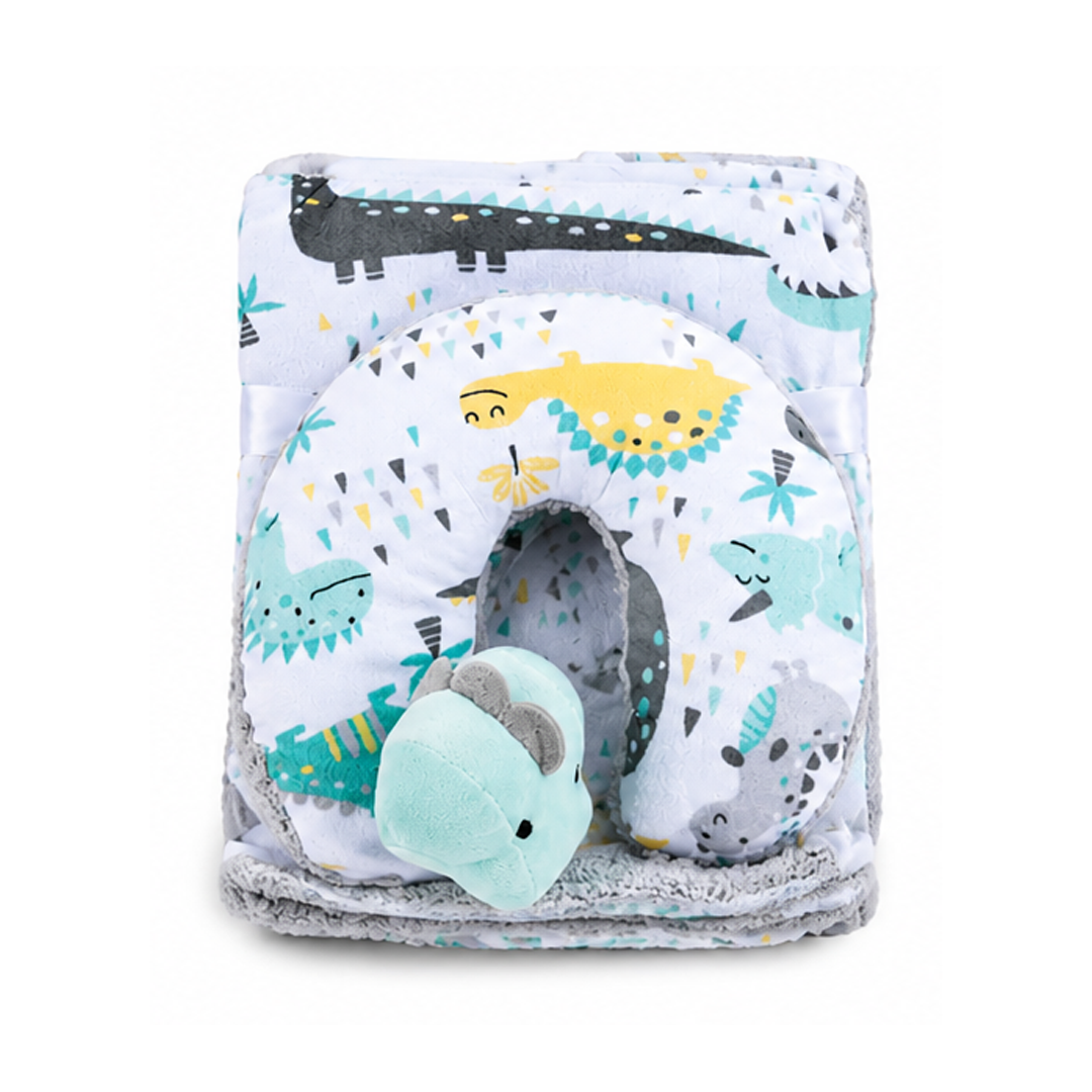 Baby head support with plush toy and patterned cover on a white background