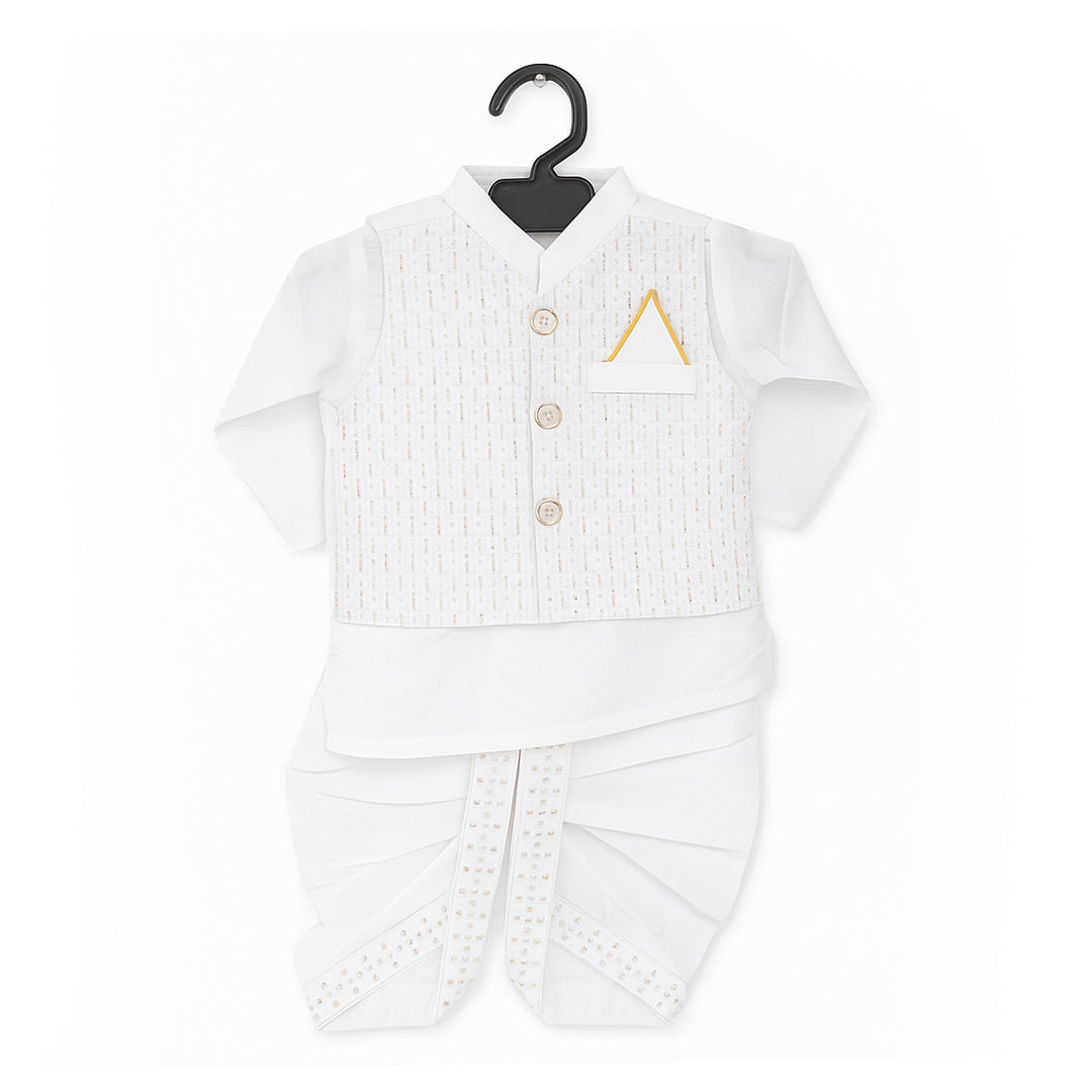 Silk White Dhoti Kurta With Waistcoat