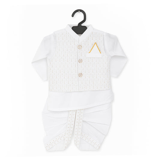 Silk White Dhoti Kurta With Waistcoat