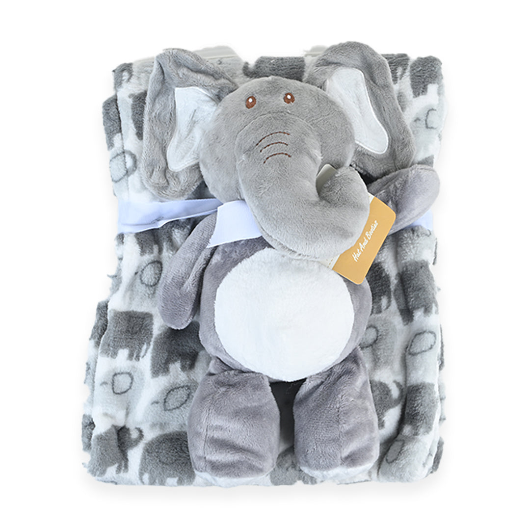 Grey Elephant Printed Blanket With Plush Toy