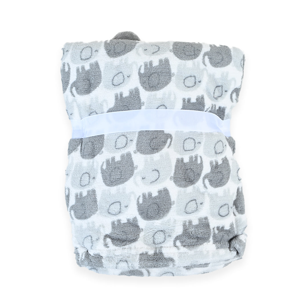 Grey Elephant Printed Blanket With Plush Toy