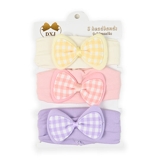 Bow Check Premium Cotton 3 Piece Headband Set