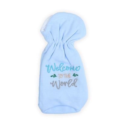 Welcome to the World coloured baby feeder cover detail