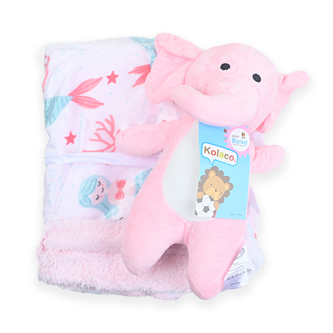 Pink Elephant Printed Blanket With Plush Toy