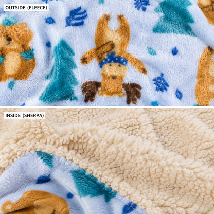 Close-up of a plush fleece blanket showing the printed outside pattern and the sherpa lining. The top panel is labeled OUTSIDE (FLEECE) and shows a light blue background with teddy bears, trees, and blue leaf motifs.