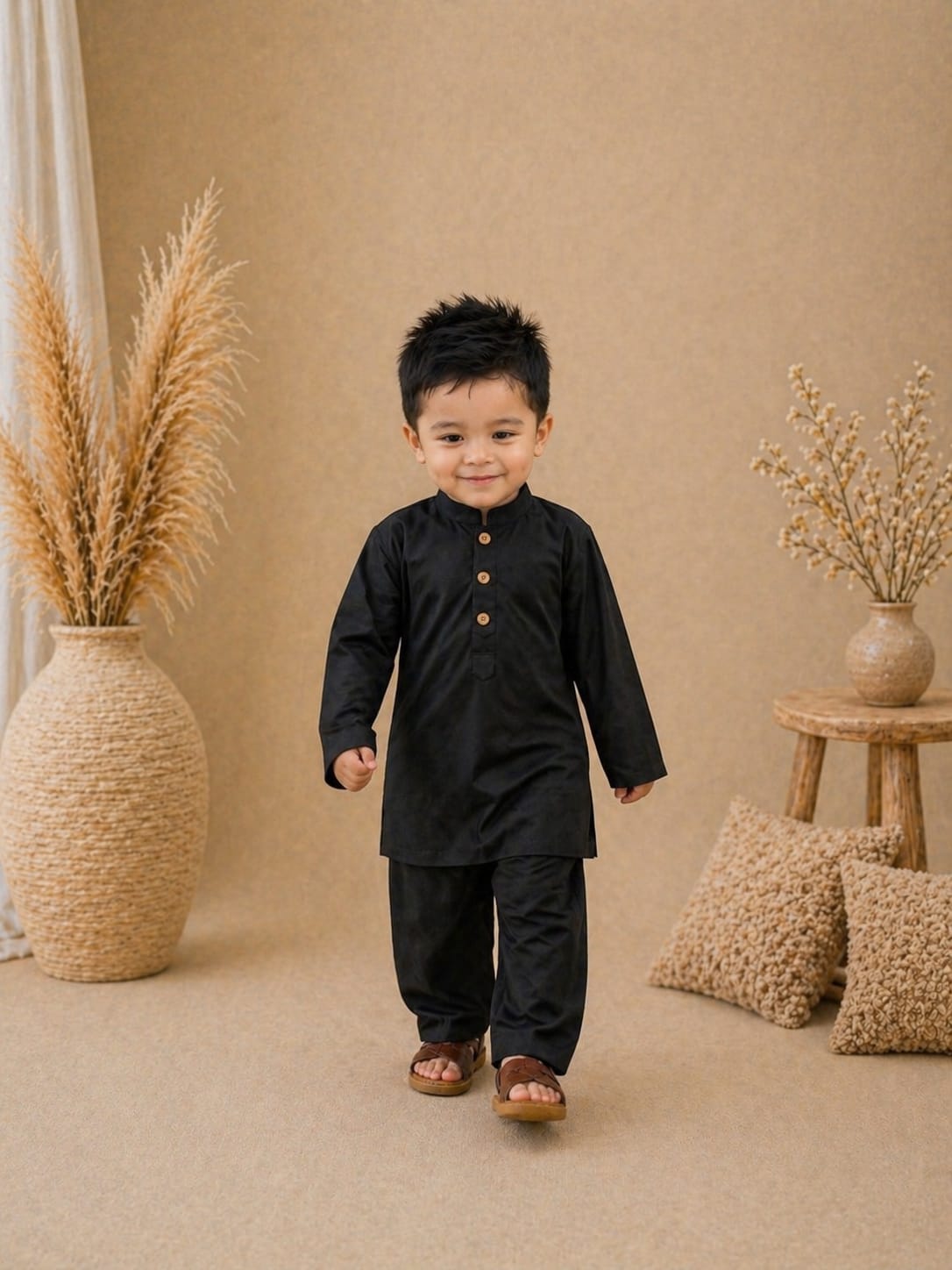 desert luxe cord set black for boys featuring a modern short kurta and relaxed trousers. Comfortable, stylish & perfect for Eid ul Adha. Limited stock.