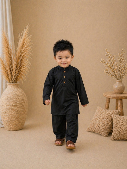 desert luxe cord set black for boys featuring a modern short kurta and relaxed trousers. Comfortable, stylish & perfect for Eid ul Adha. Limited stock.