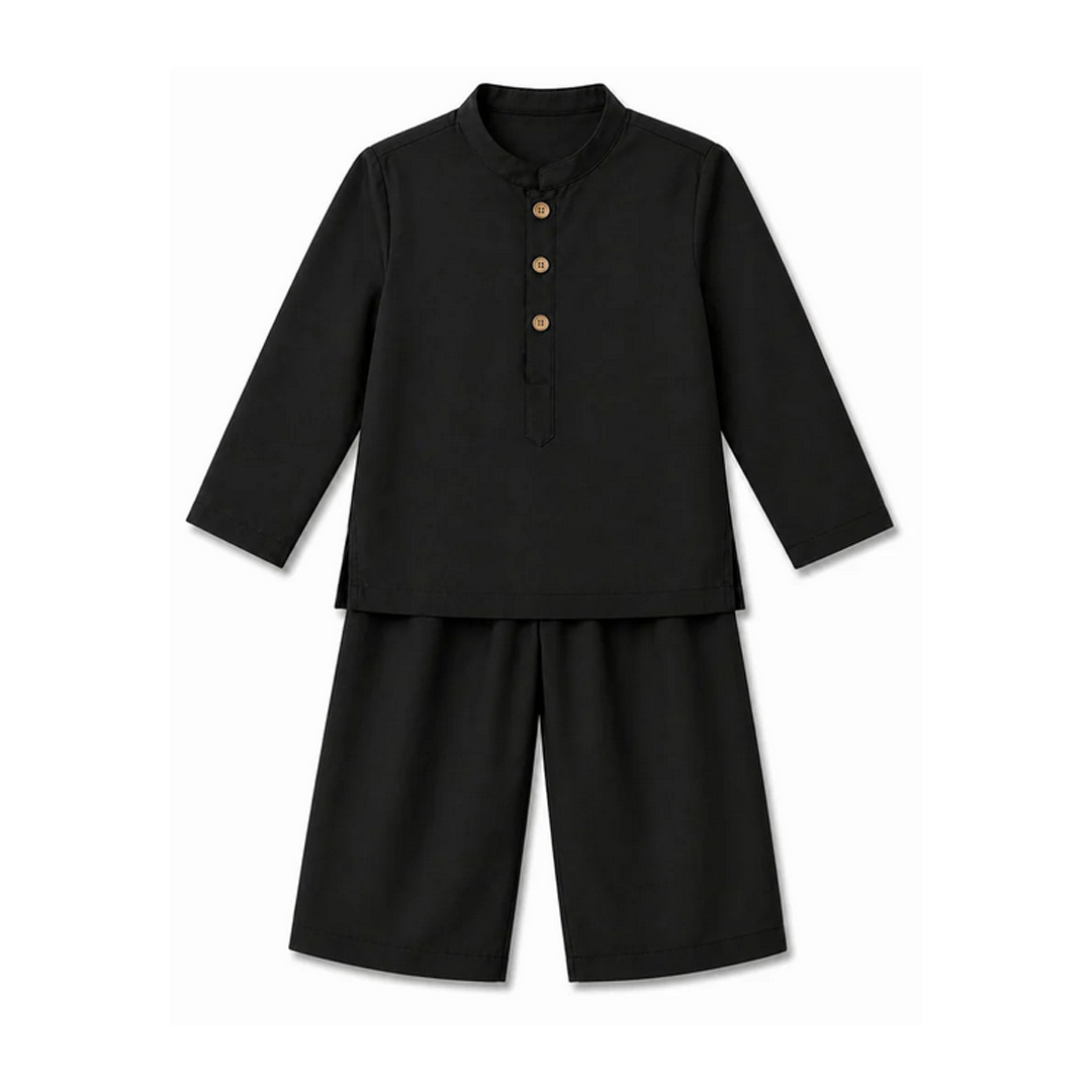 desert luxe cord set Black children's outfit with long-sleeve top and shorts on a white background