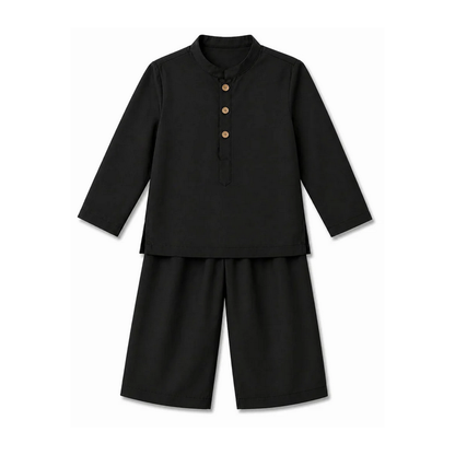 desert luxe cord set Black children's outfit with long-sleeve top and shorts on a white background