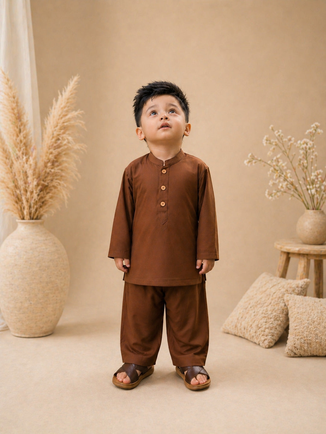 Premium Eid cord set for boys featuring a modern short kurta and relaxed trousers. Comfortable, stylish & perfect for Eid ul Adha. Limited stock.