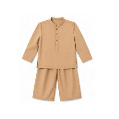 Desert Luxe camel cord set for baby boys in beige with a long-sleeve top and matching pants.