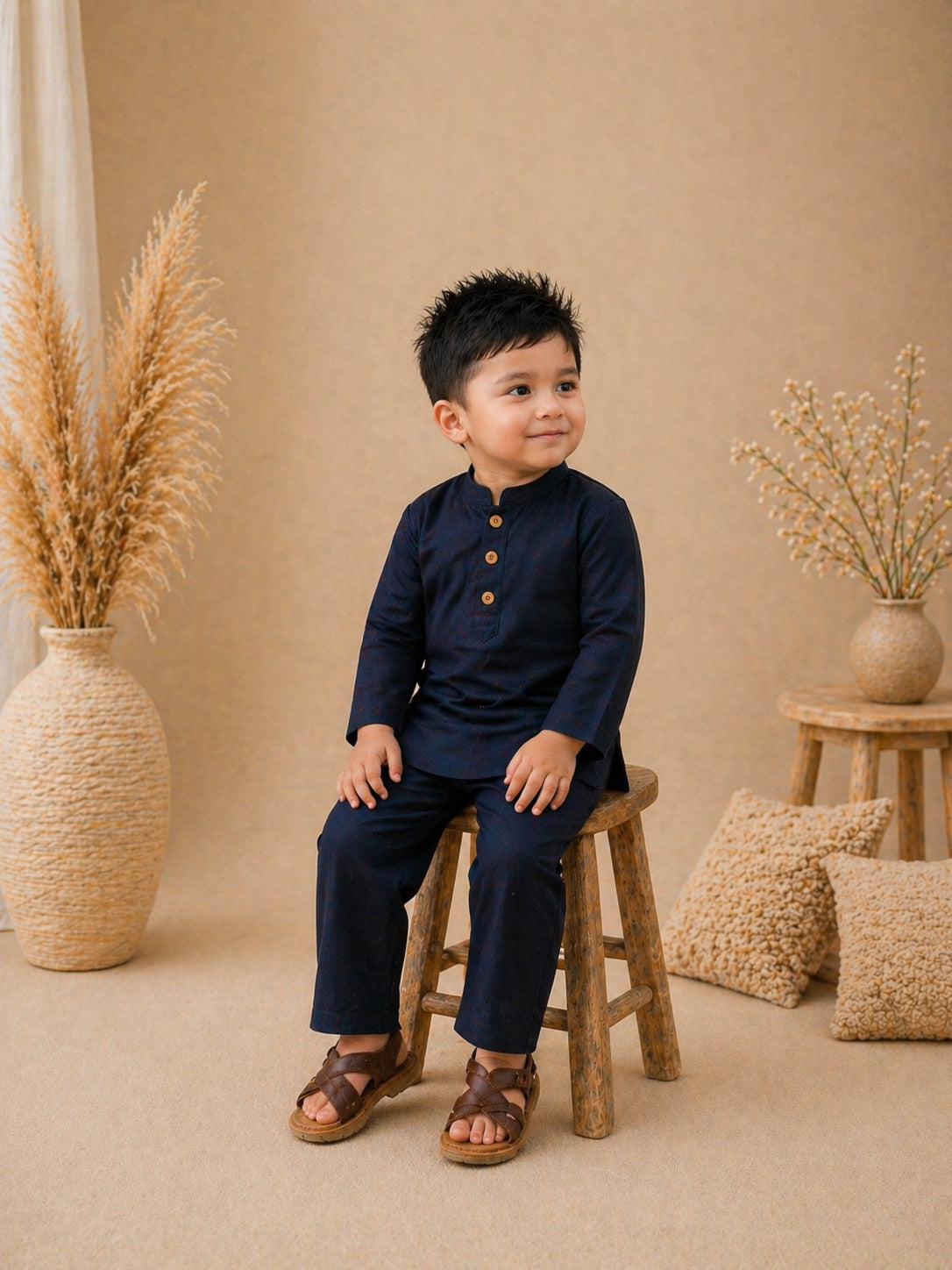 Desert Luxe Cord Set Navy Child in a navy outfit sitting on a wooden stool against a beige background with decorative elements.