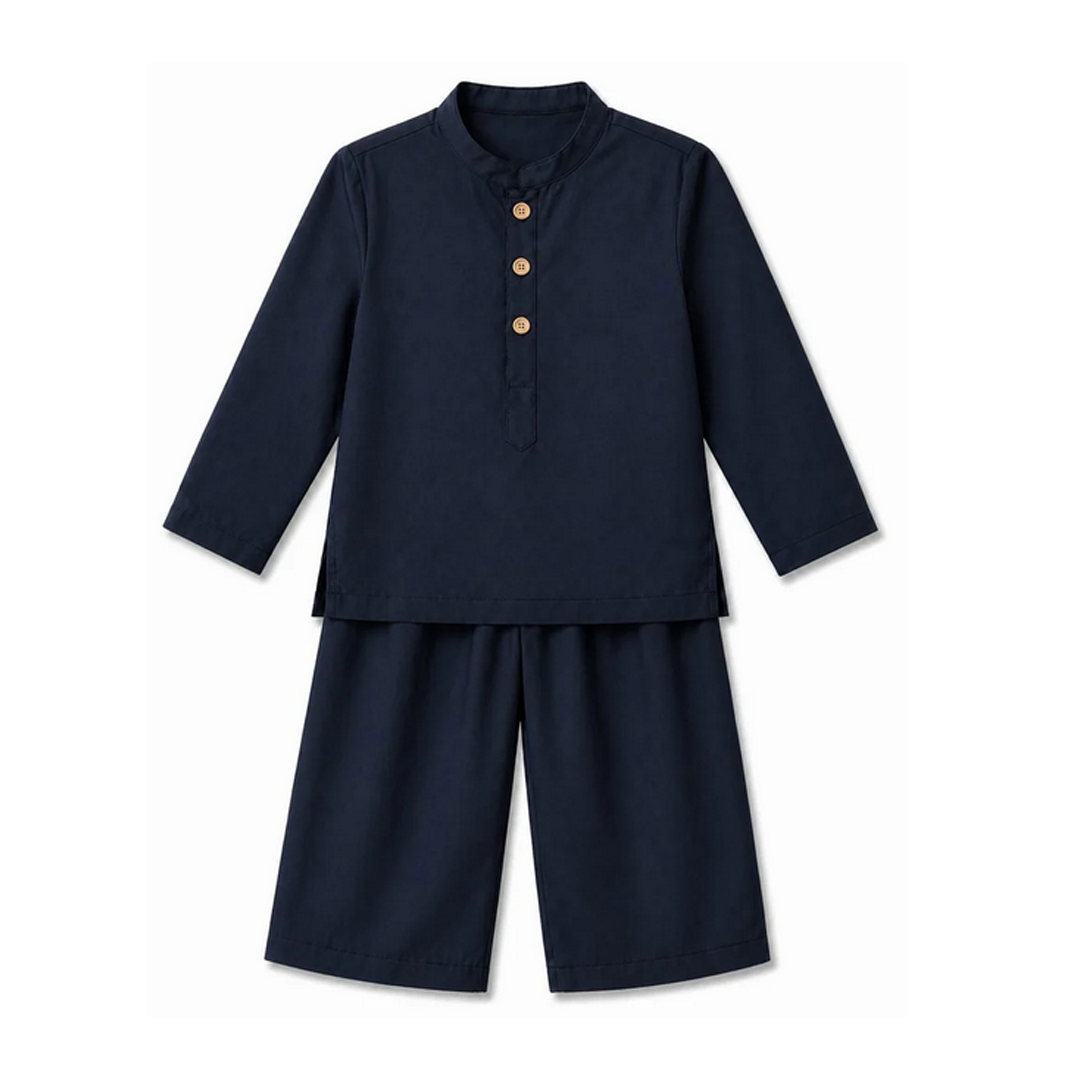Navy blue children's outfit with long-sleeve top and pants on a white background