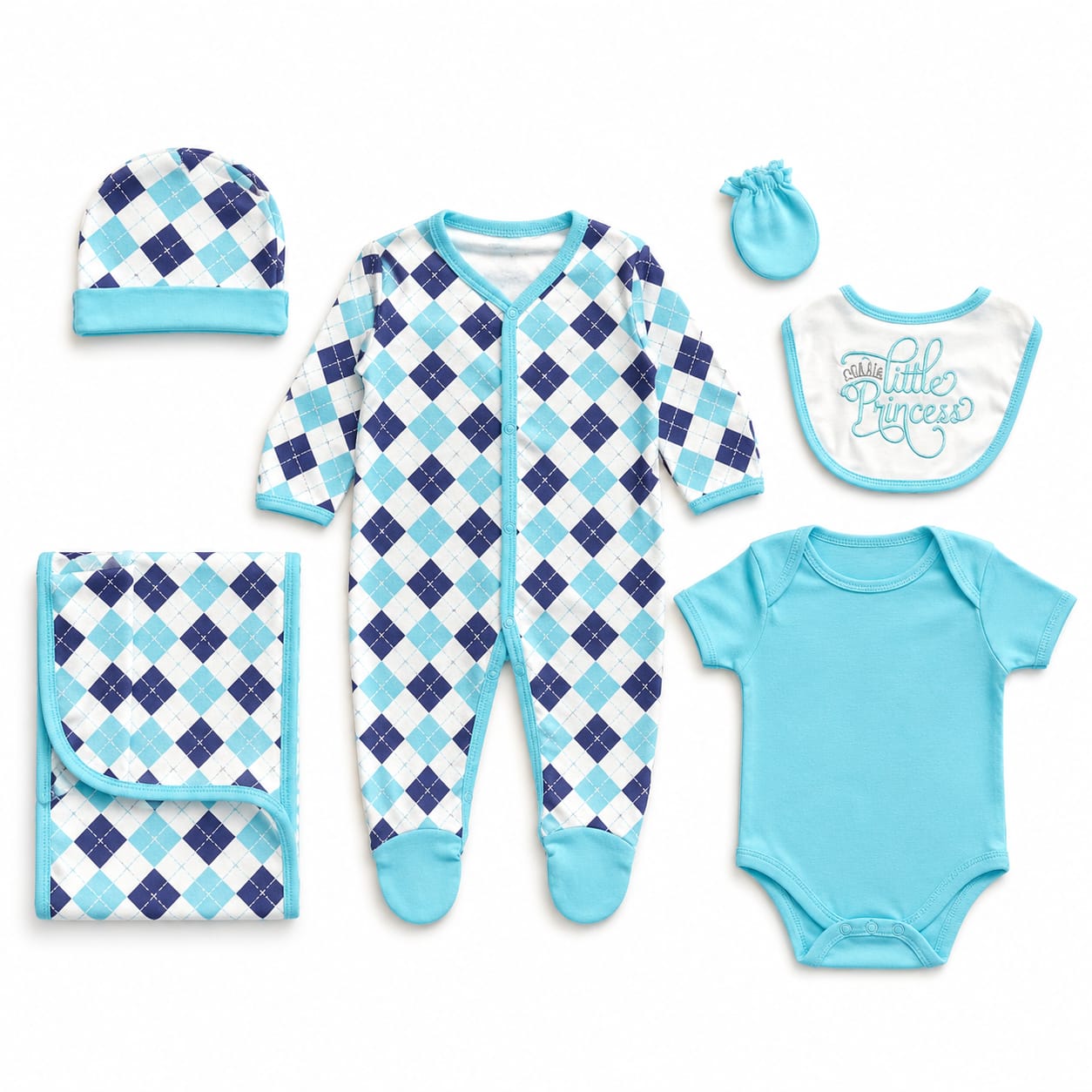 Baby clothing set with checkered onesie, blue bodysuit, hat, bib, and blanket on a white background