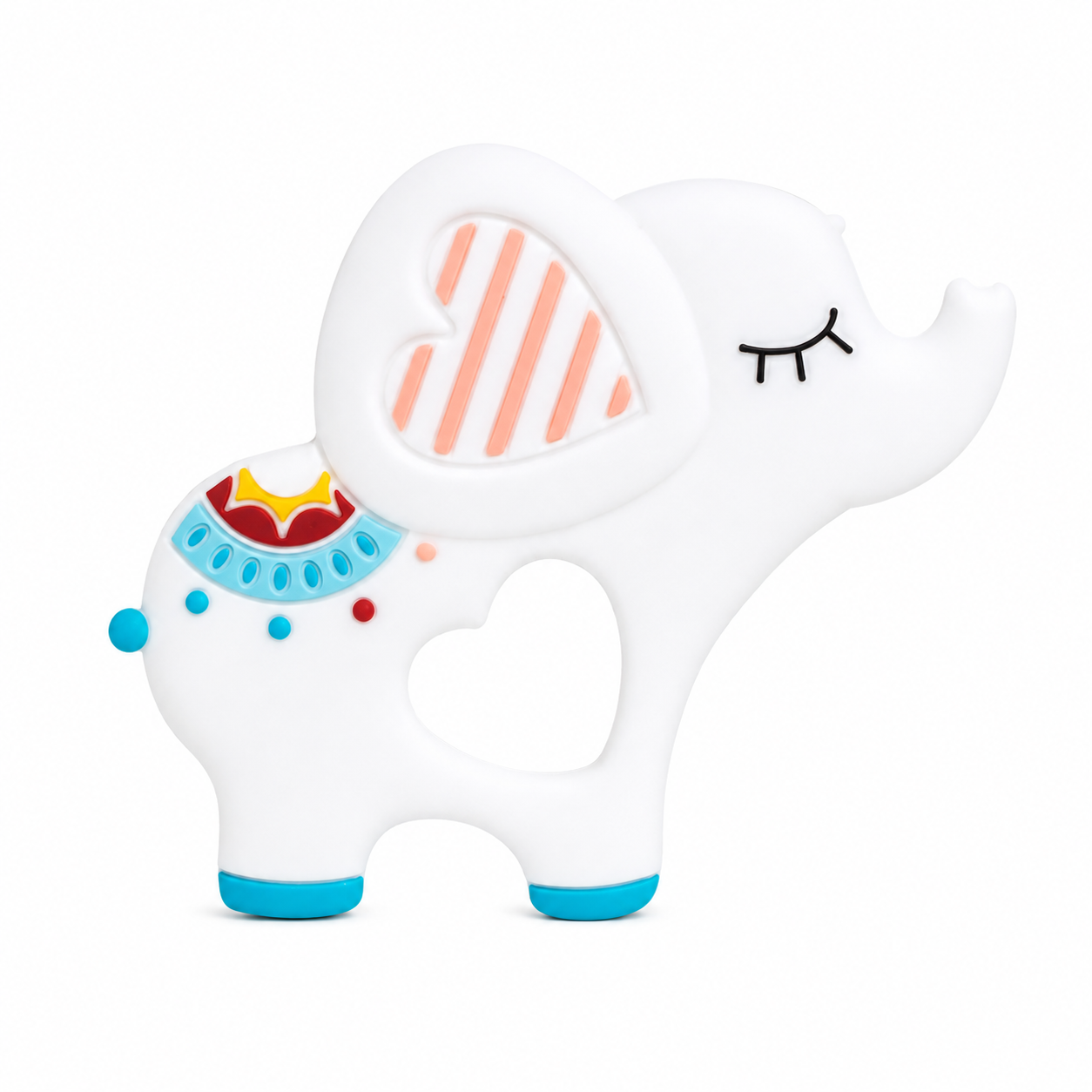 A white silicone elephant teether with a heart-shaped mouth, decorated with light pink stripes on the ear, a blue and yellow patterned neck collar, and bright blue feet and tail tip, shown on a solid white background.