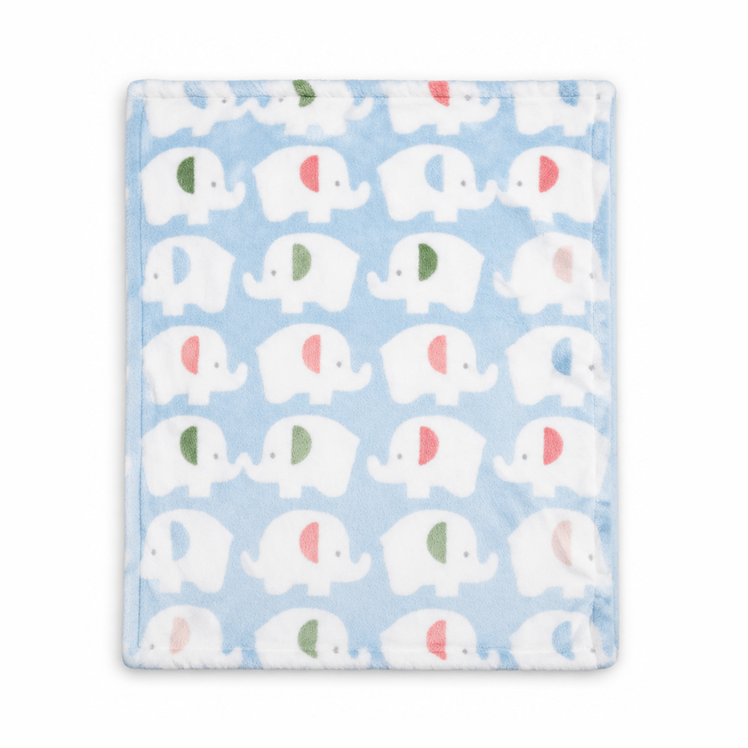 Patterned blanket with white elephants on a blue background