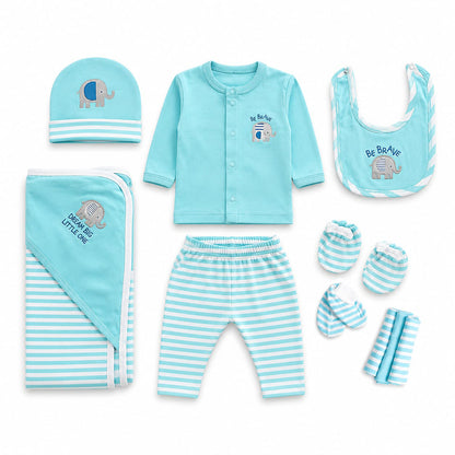 Elephant 10-piece unisex newborn summer starter gift set in blue by BabyCo