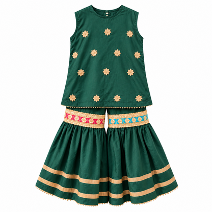 BabyCo emerald green cotton dhanak sleeveless kurti and sharara set with gold star embellishments and colourful embroidered bands