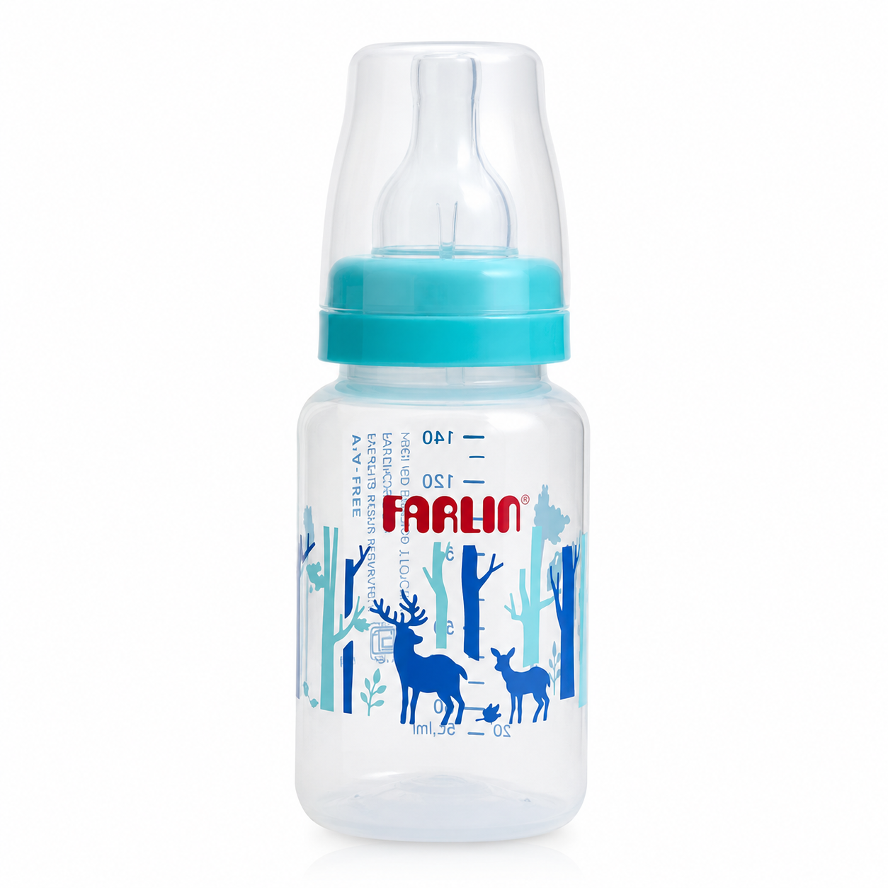 A clear plastic baby bottle with a turquoise blue collar and a clear silicone nipple. The bottle features a blue forest and deer graphic with the red FAALIN brand logo printed on the front, set against a clean white background.