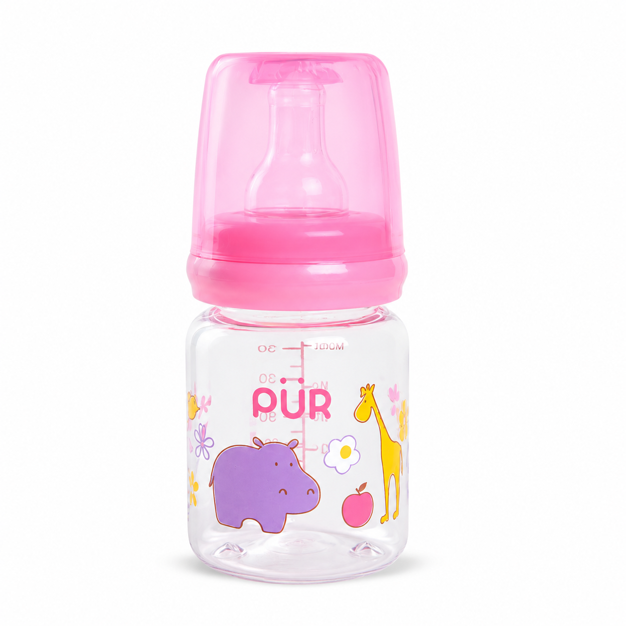 A clear baby bottle with a translucent pink cap and a printed design featuring a purple hippo, yellow giraffe, and pink apple. The brand name 'PUR' is printed on the front, set against a plain white background.