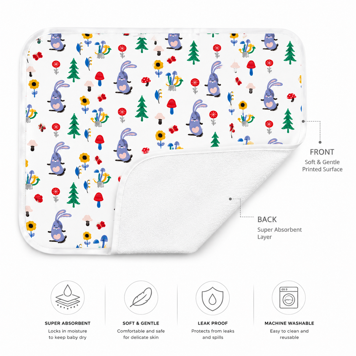A baby changing mat shown on a white background with front and back views. The front side has a colorful printed pattern of cartoon bunnies, trees, flowers, and mushrooms.