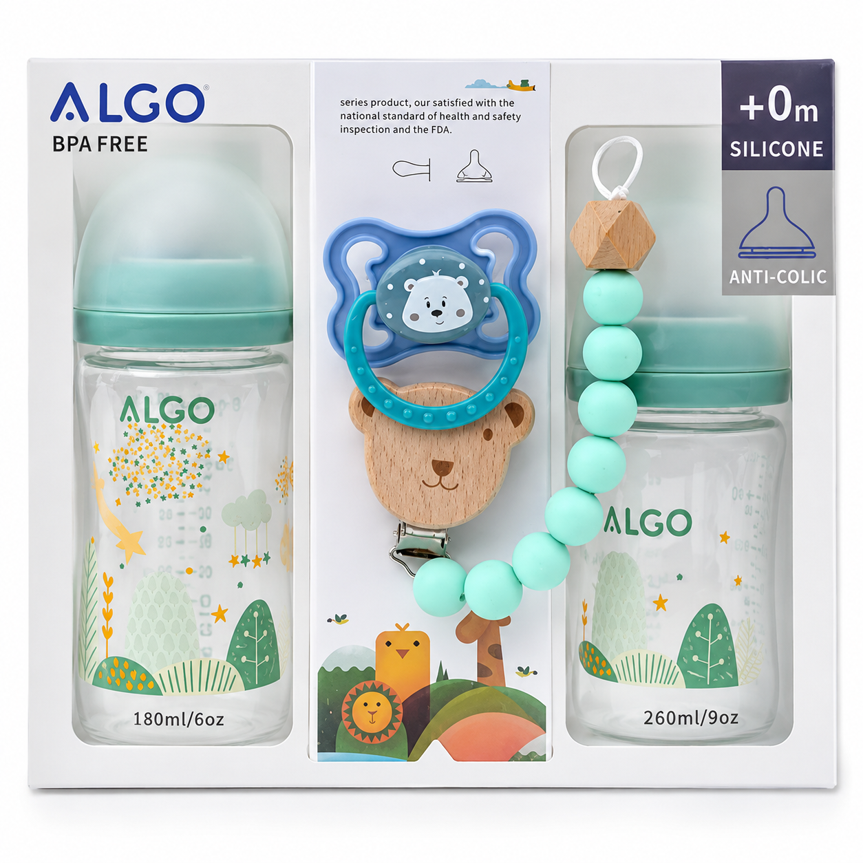 ALGO baby gift set in white packaging, featuring two clear glass bottles with mint green caps and colorful forest prints, a blue bear-shaped pacifier clip, and a mint green silicone teething bracelet.