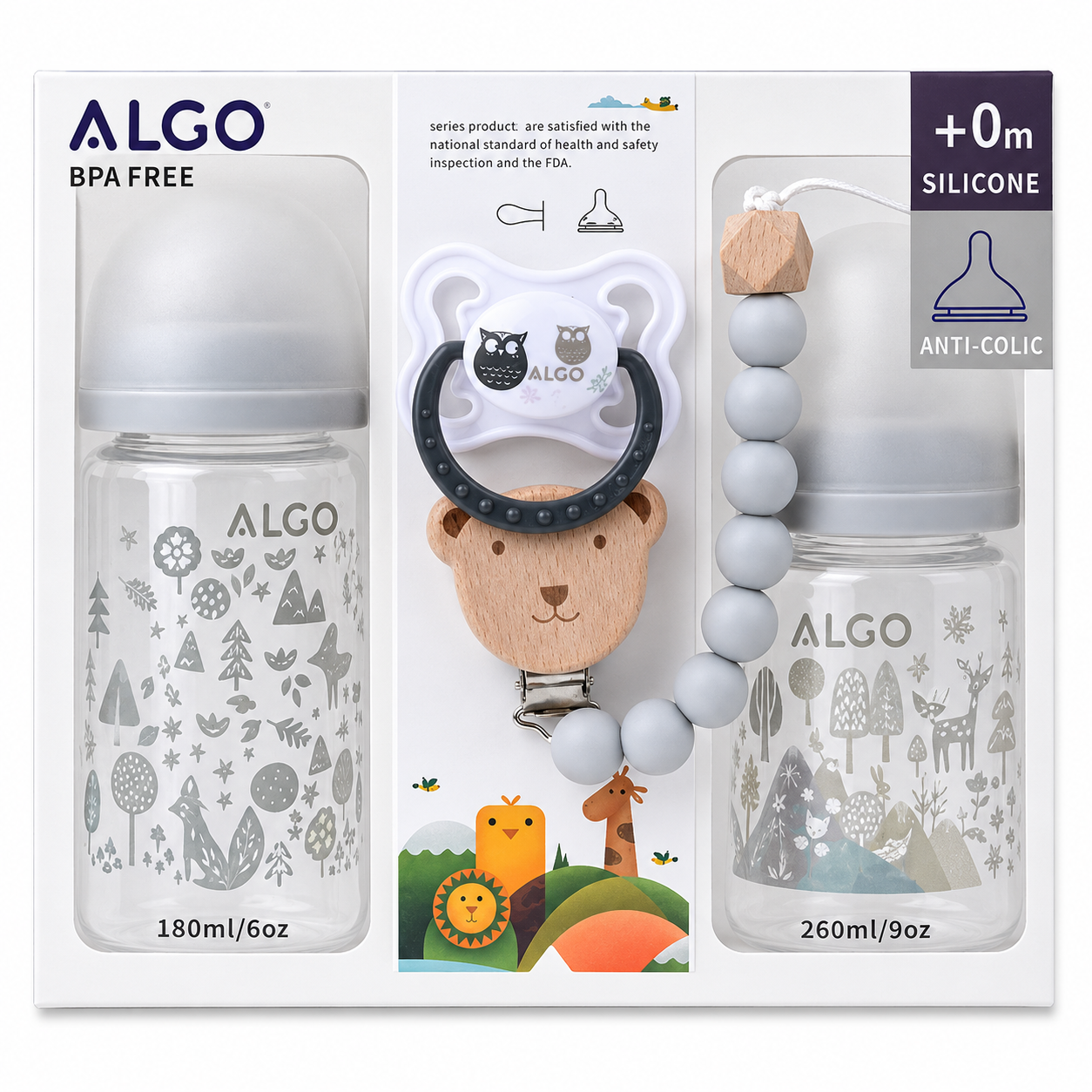 ALGO baby bottle and pacifier clip set in its retail packaging, featuring two clear bottles with gray animal illustrations, a silicone pacifier clip with a wooden bear, and a gray beaded pacifier strap.