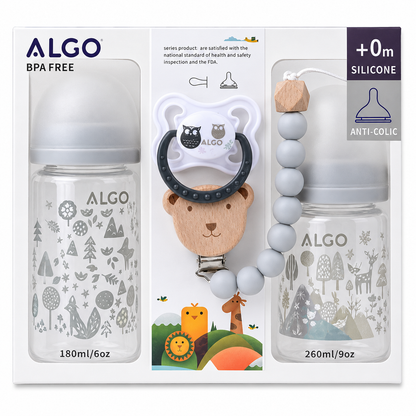 ALGO baby bottle and pacifier clip set in its retail packaging, featuring two clear bottles with gray animal illustrations, a silicone pacifier clip with a wooden bear, and a gray beaded pacifier strap.