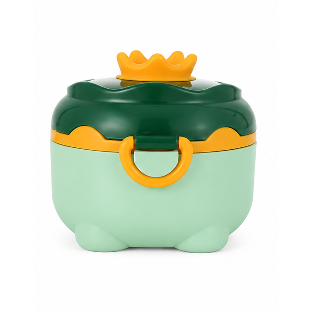 Green container with yellow accents on a white background