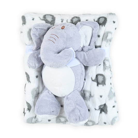 Grey Elephant Printed Blanket With Plush Toy