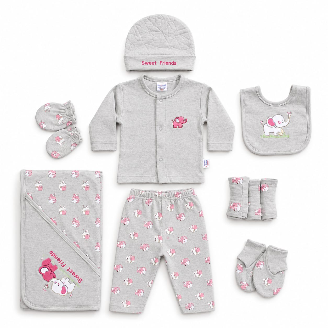 Baby clothing set with gray outfit, pants, hat, bib, and socks on a white background