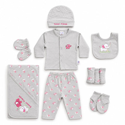 Baby clothing set with gray outfit, pants, hat, bib, and socks on a white background