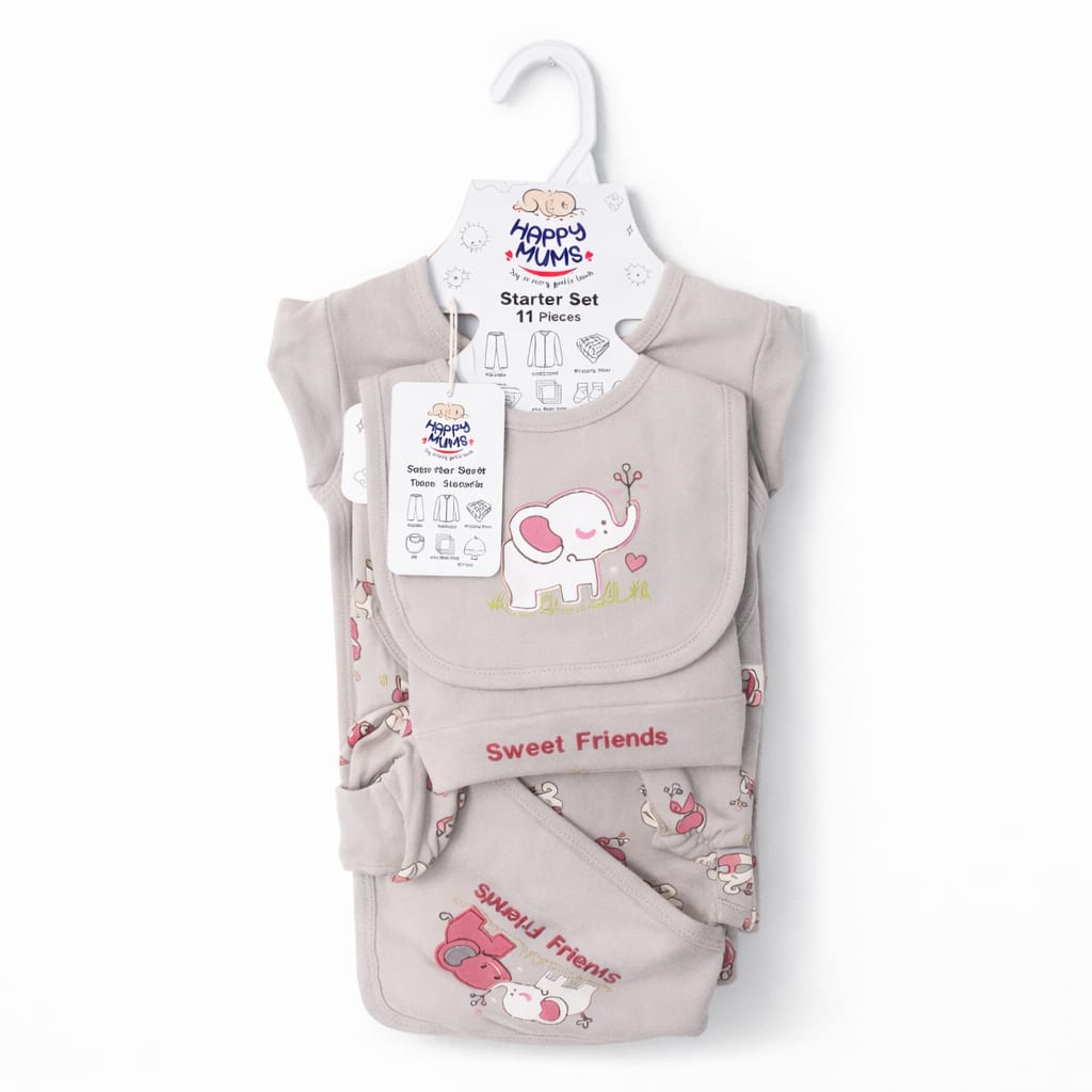 Baby clothing set with elephant design on a hanger against a white background