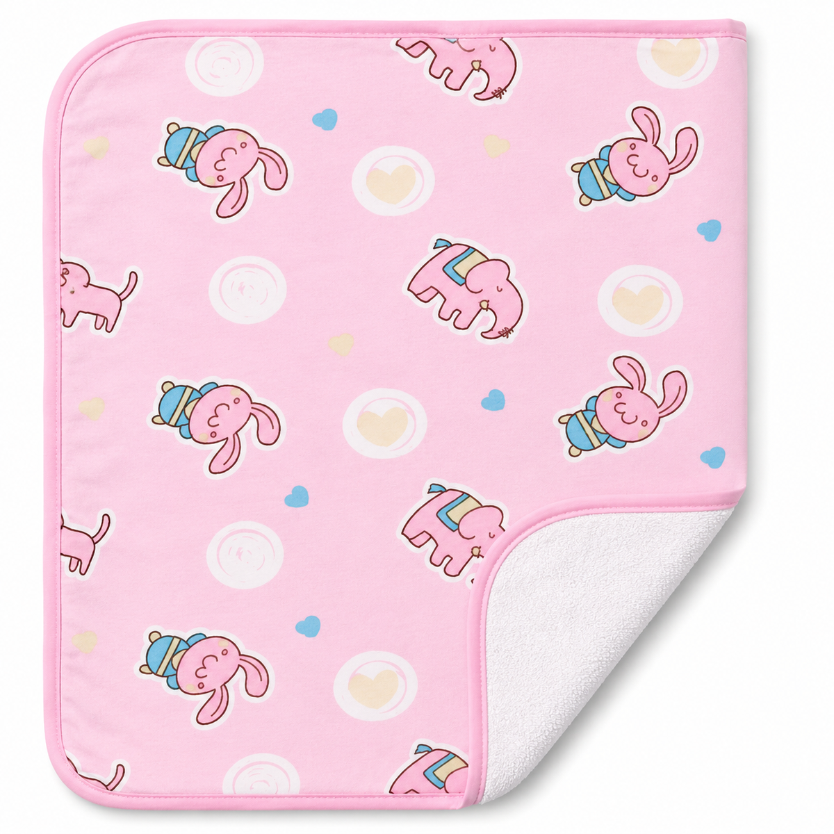 A square pink baby Changing Sheet with a cute cartoon pattern of pink rabbits, elephants, hearts, and dots, featuring a white plush reverse side.