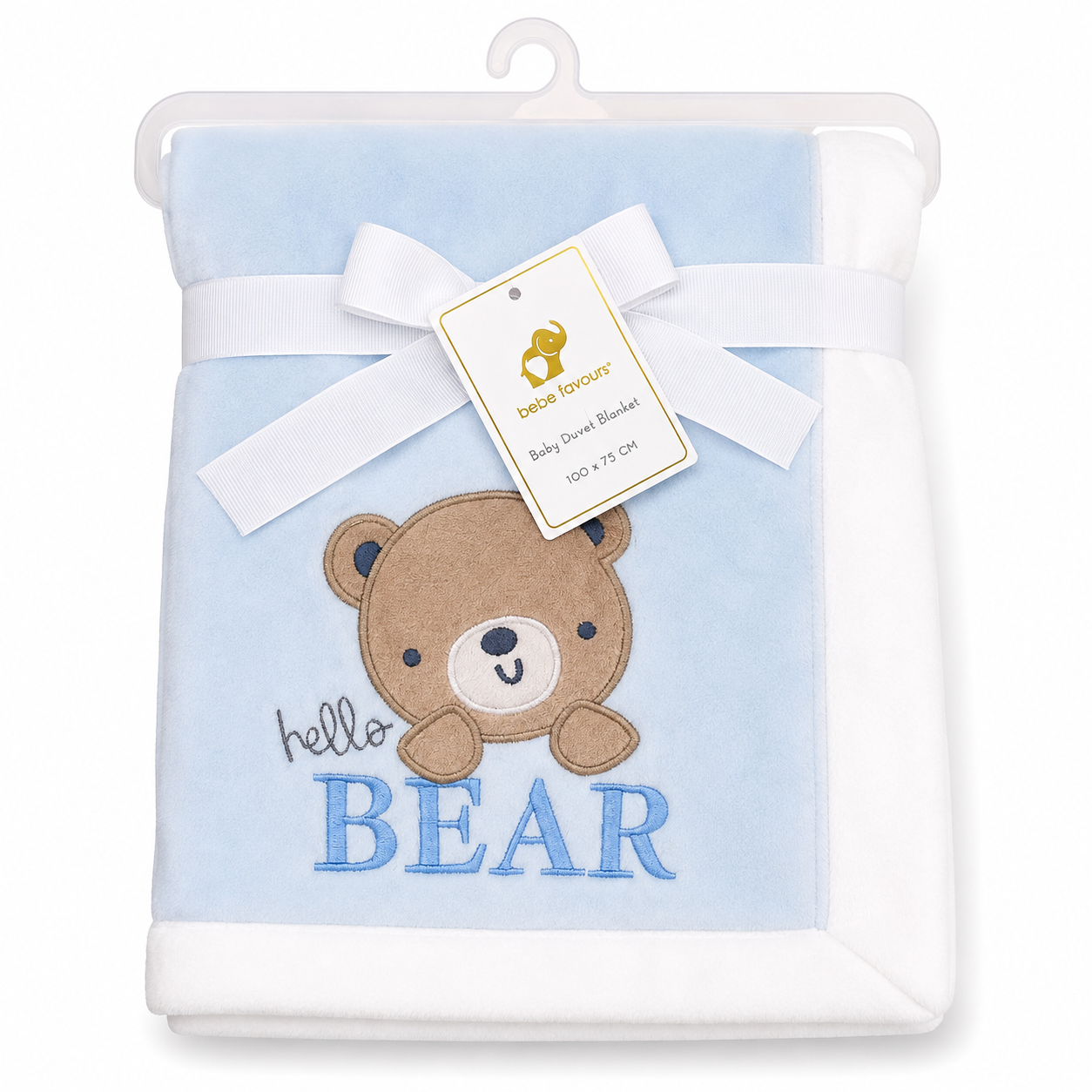 A folded baby blanket in light blue and white, featuring an embroidered brown teddy bear face and the words 'hello BEAR'. The blanket is wrapped in a white ribbon with a hanging tag that reads 'baby louie'.