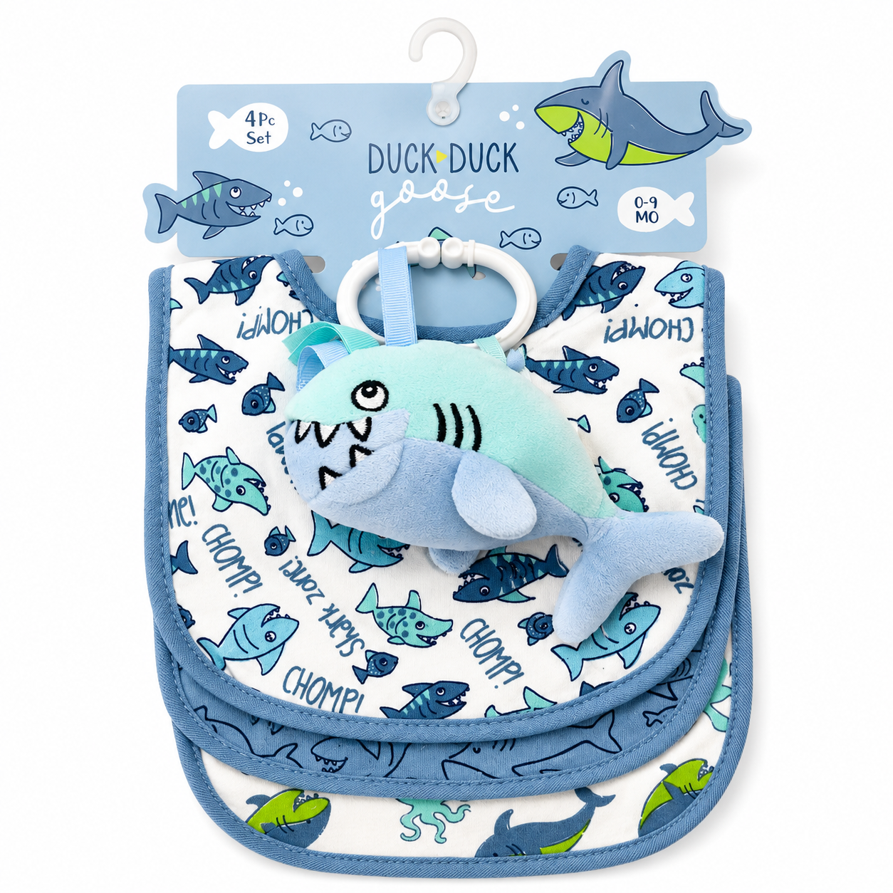 A 4-piece baby gift set for ducks and geese, featuring a plush shark toy and three patterned bibs on a blue and white cardboard hanger.