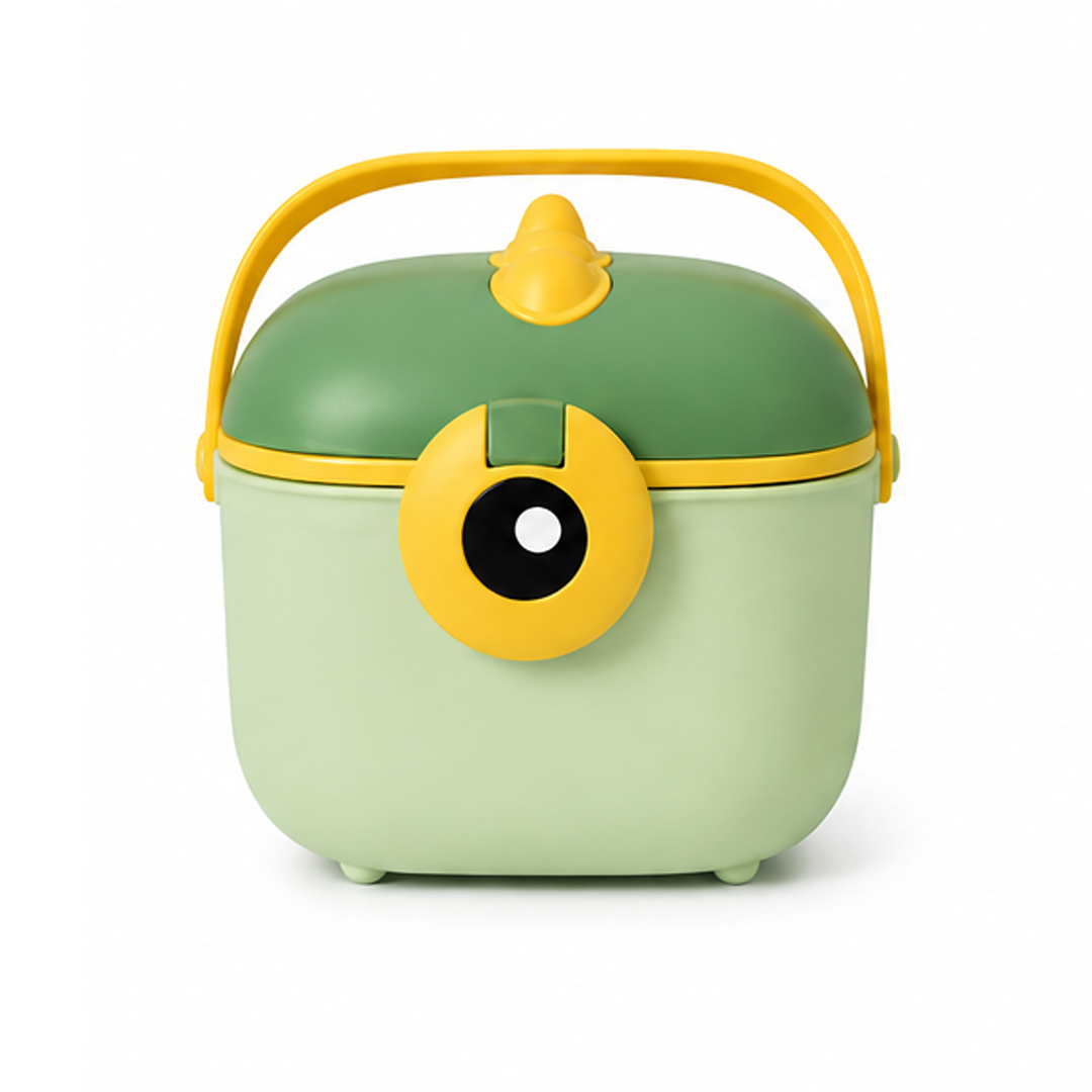 Green and yellow container with a lid on a white background