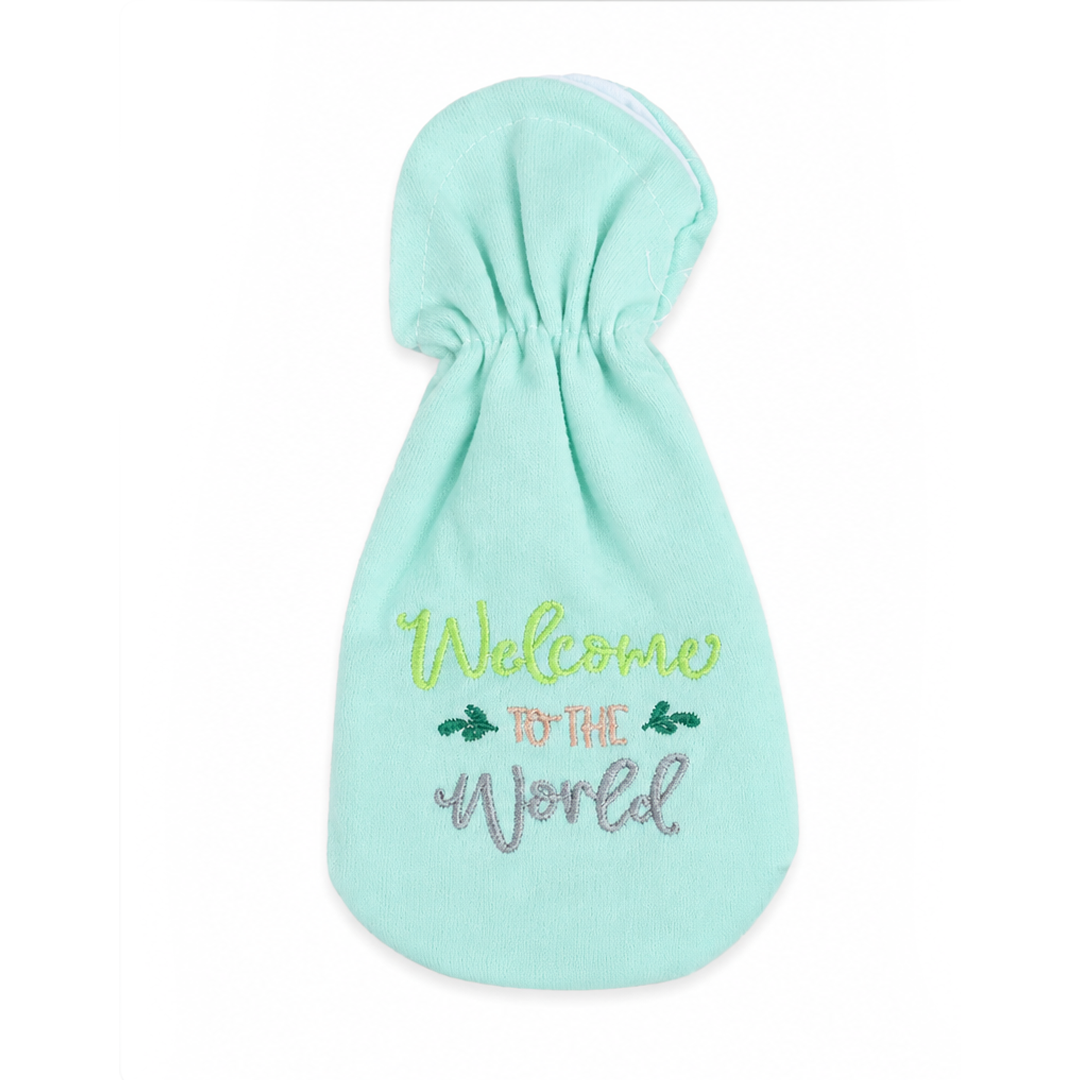 Mint green baby feeder cover with 'Welcome to the World' text on a white background