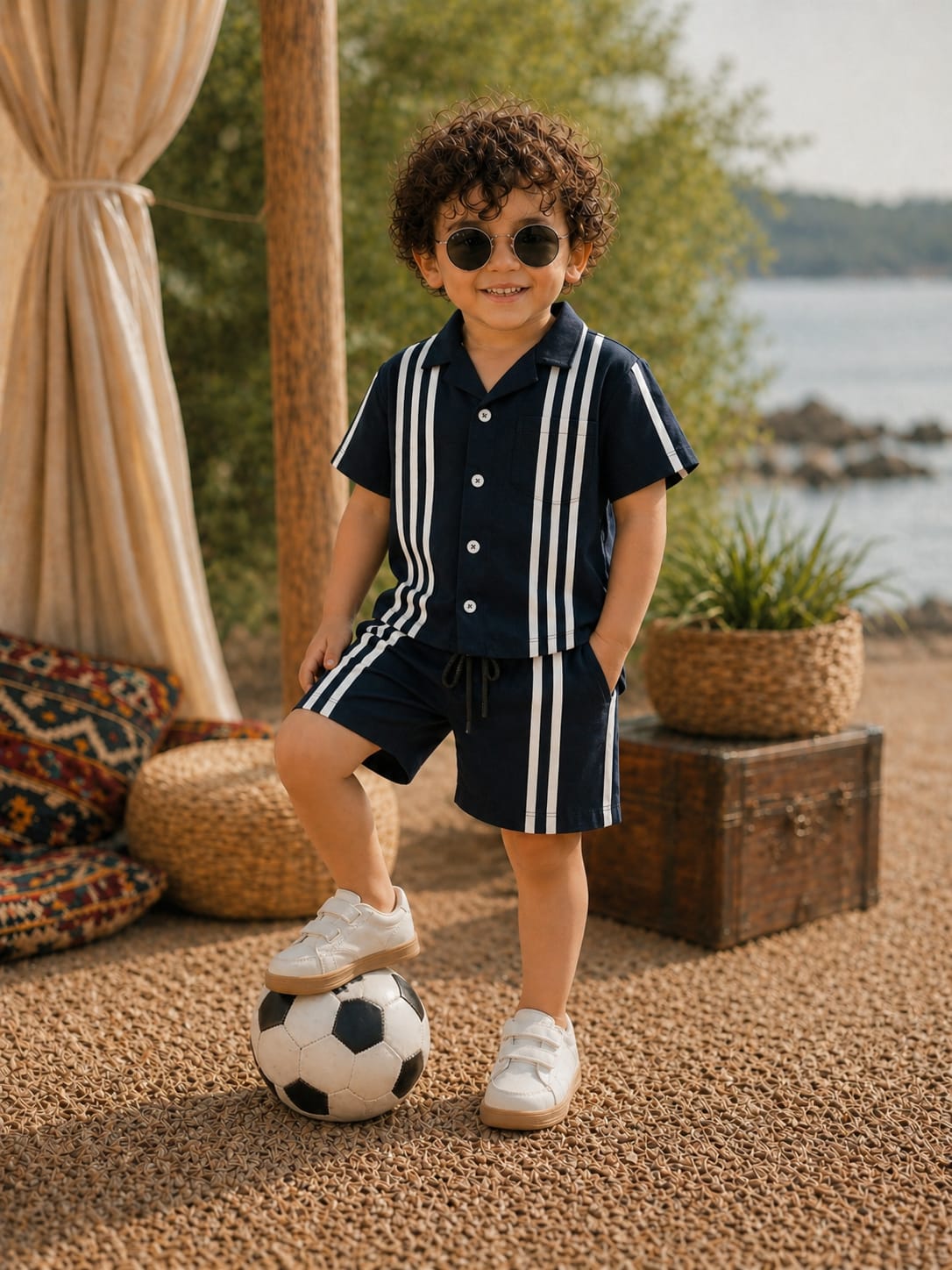 Child wearing Monaco Stripe navy co-ord set by BabyCo