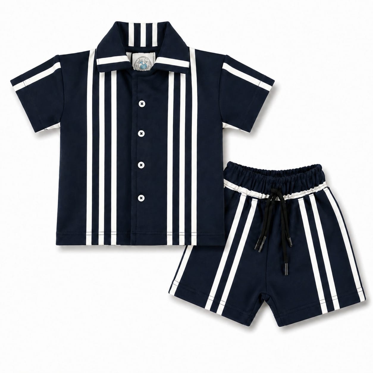 Front view of Monaco Stripe navy co-ord set