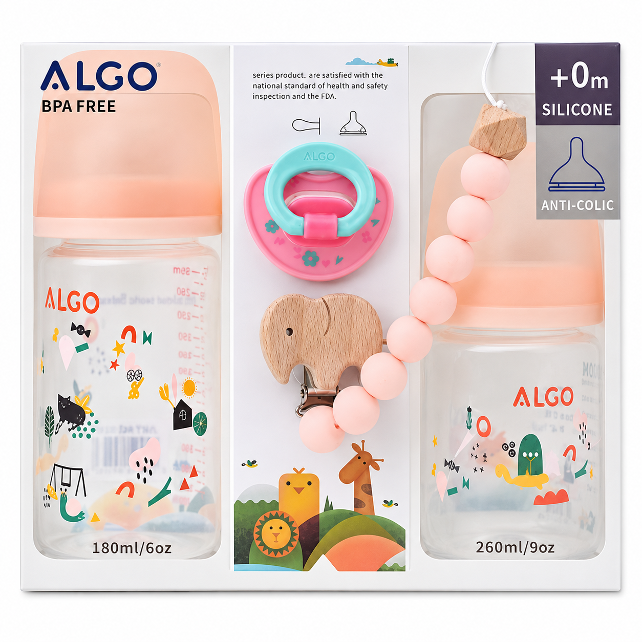 ALGO baby bottle gift set in white packaging, featuring two bottles with peach caps and colorful animal illustrations, plus a pacifier clip and silicone teething beads.