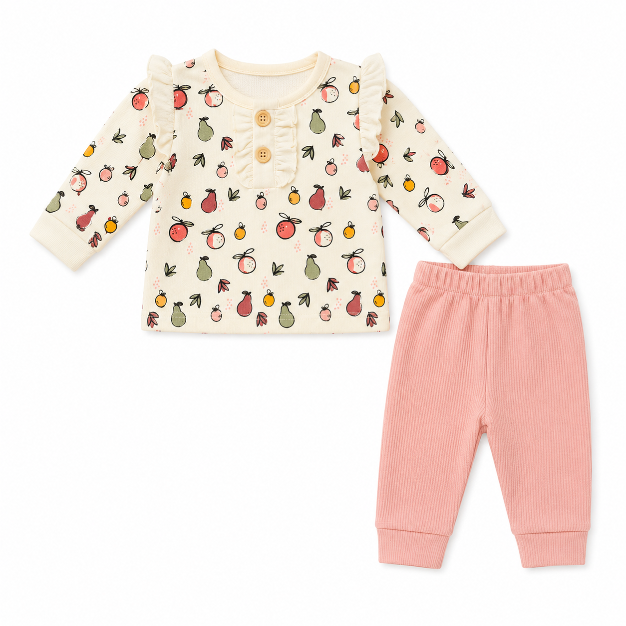 Baby outfit with patterned top and pink pants on a white background