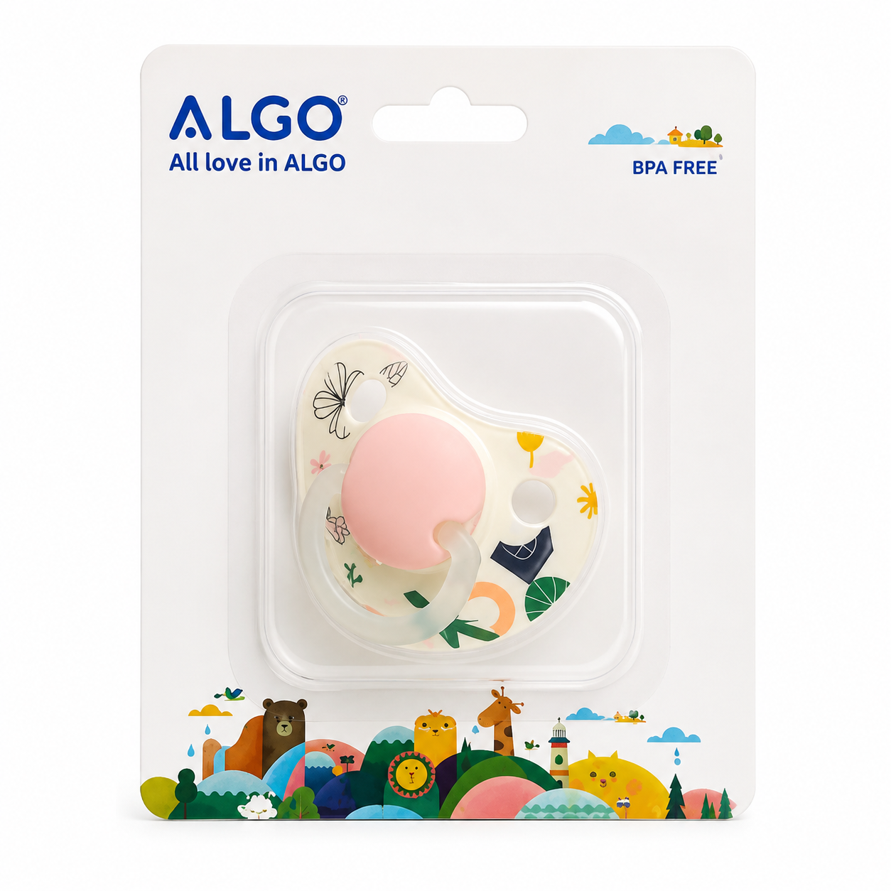 ALGO pacifier in its retail packaging, featuring a heart-shaped clear shield with a pink silicone nipple and multicolor nature illustrations, on a white background.