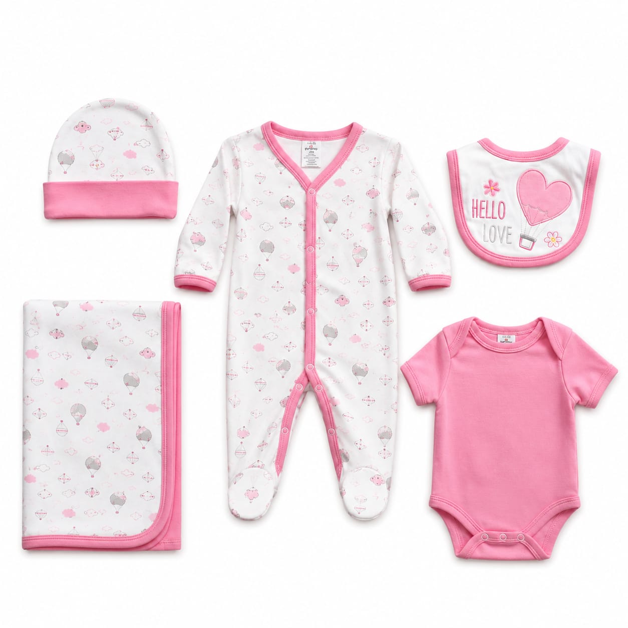 Baby clothing set with onesie, bodysuit, hat, and bib on a white background