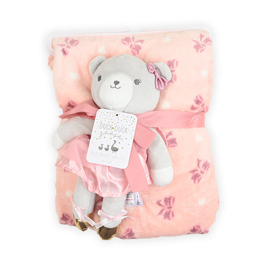 Pink Bear Printed Blanket With Plush Toy