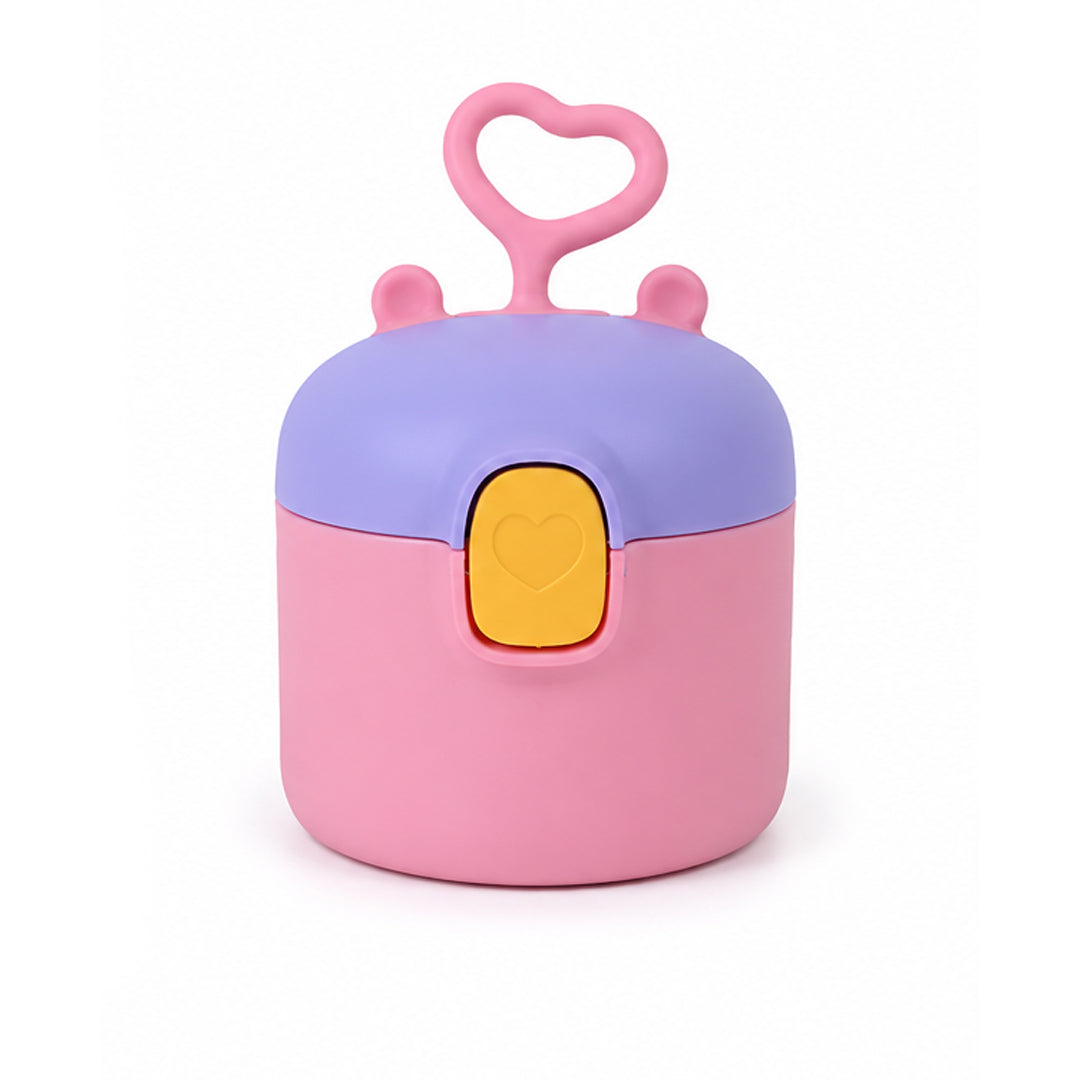 Pink and purple container with a heart-shaped handle on a white background