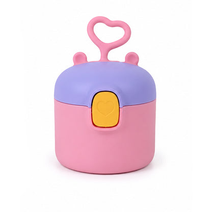 Pink and purple container with a heart-shaped handle on a white background