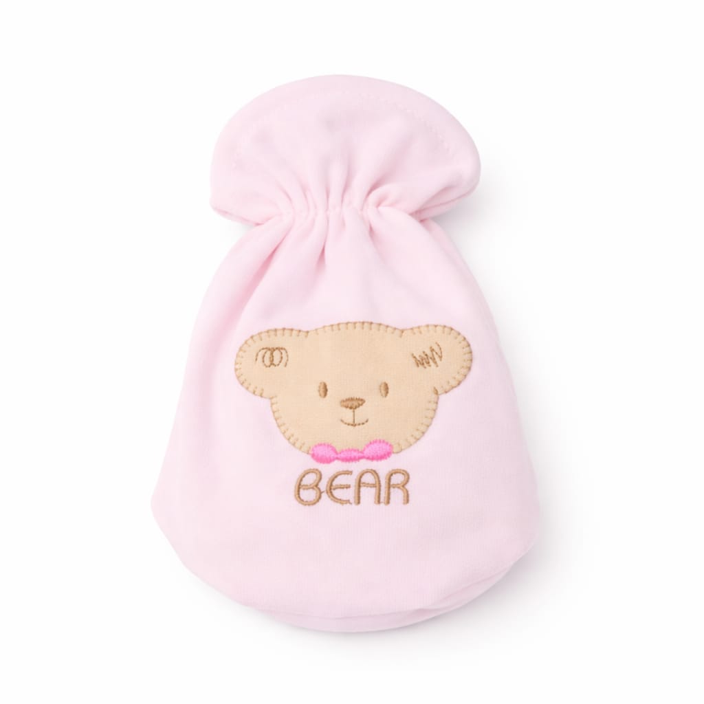 Pink baby feeder cover with a bear design on a white background