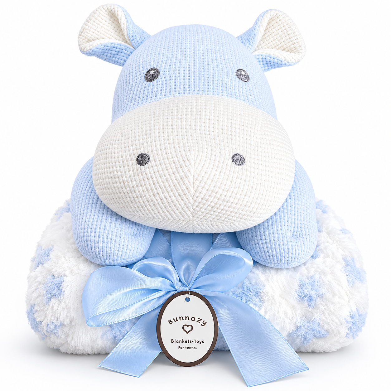 Blue and white plush toy with a bow and Bunnozy tag on a white background