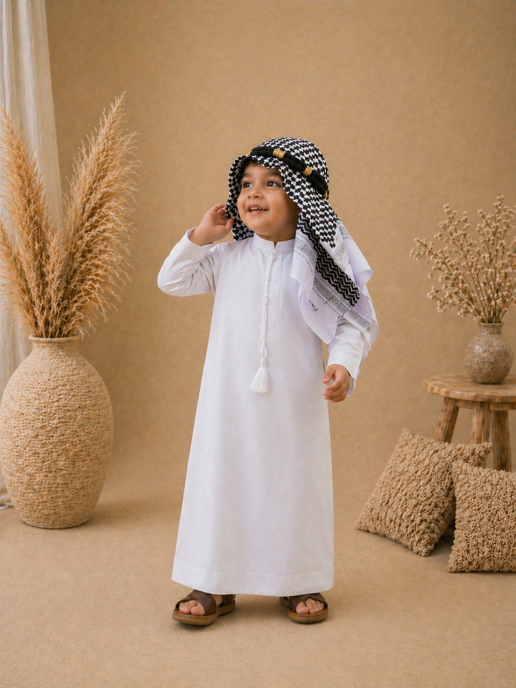 Boy wearing a premium black thobe with white shemagh